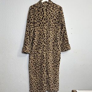 Oscar De La Renta Brown Cheetah Full Zip Plush Robe Women’s S/M Cozy Warm Comfy